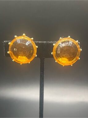 Vintage Coro amber lucite clip on earrings gold tone domed cabochon